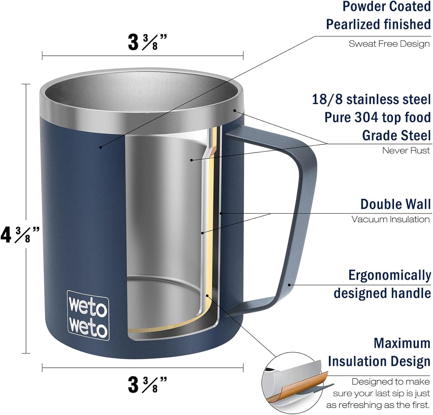 WETOWETO 14 oz Coffee Mug, Vacuum Insulated Camping Mug with Lid, Double Wall Stainless Steel Travel Tumbler Cup, Coffee Mugs Outdoor, Powder Coated Navy Blue Set of 2