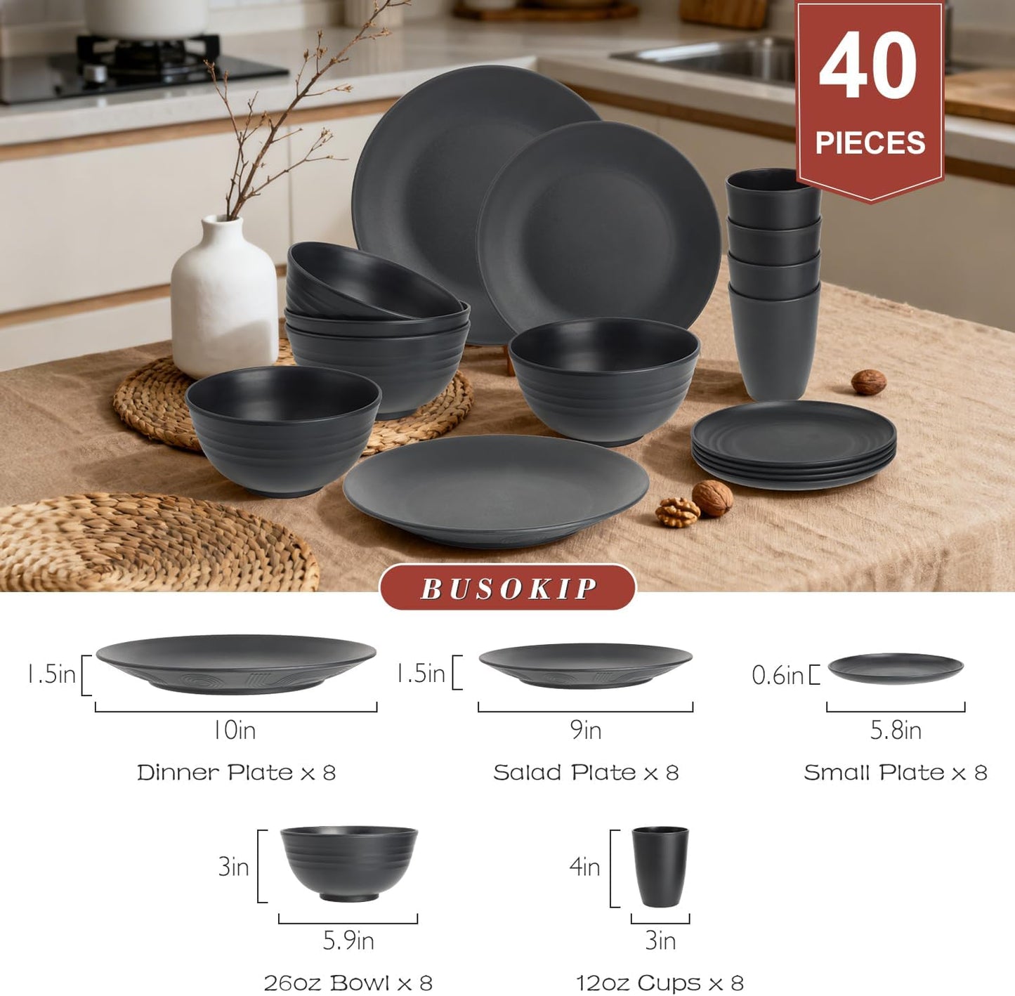 Wheat Straw Dinnerware Sets 40 PCS- Unbreakable Dishes Set for 8, Dishwasher and Microwave Safe Plates and Bowls Sets, Reusable Plastic Plates, Bowls, Drinking Cups for Camping, Party - Black
