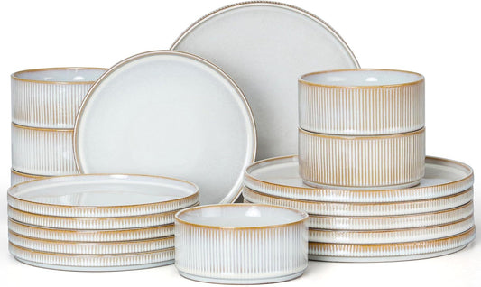 E-far Stoneware Dinnerware Sets, 18-Pieces Modern Plates and Bowls Sets, Kitchen Dinning Porcelain Dishes Set for 6, Chip & Scratch Resistant, Dishwasher & Microwave Safe, Creamy Beige