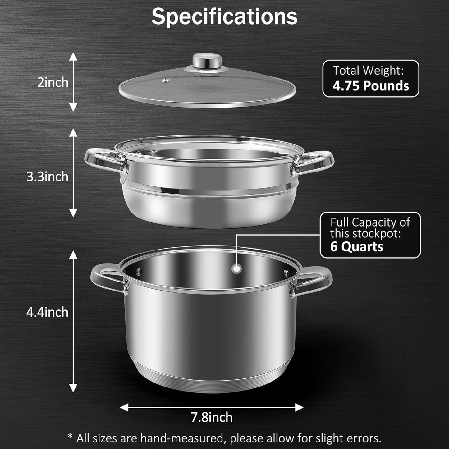 6 QT Stainless Steel Cookware Set, 3-Piece Multipurpose Stock Pot with Steamer Pot and Tempered Glass Lid, Stainless Steel Handle, Work with Gas Electric Induction Stove