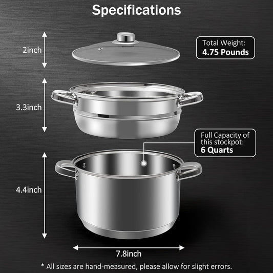 6 QT Stainless Steel Cookware Set, 3-Piece Multipurpose Stock Pot with Steamer Pot and Tempered Glass Lid, Stainless Steel Handle, Work with Gas Electric Induction Stove