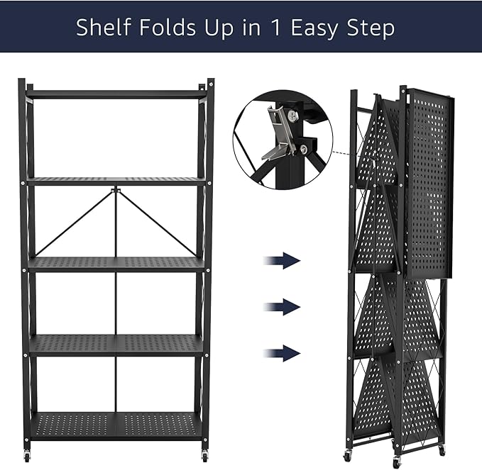 Lifetime Home 5-Tier Foldable Storage Shelf with Wheels - Metal Collapsible Shelving Unit Display, Rolling Cart for Books Kitchen Storage Shelves, Pantry & Closet Organizer, Office Room Decor - Black