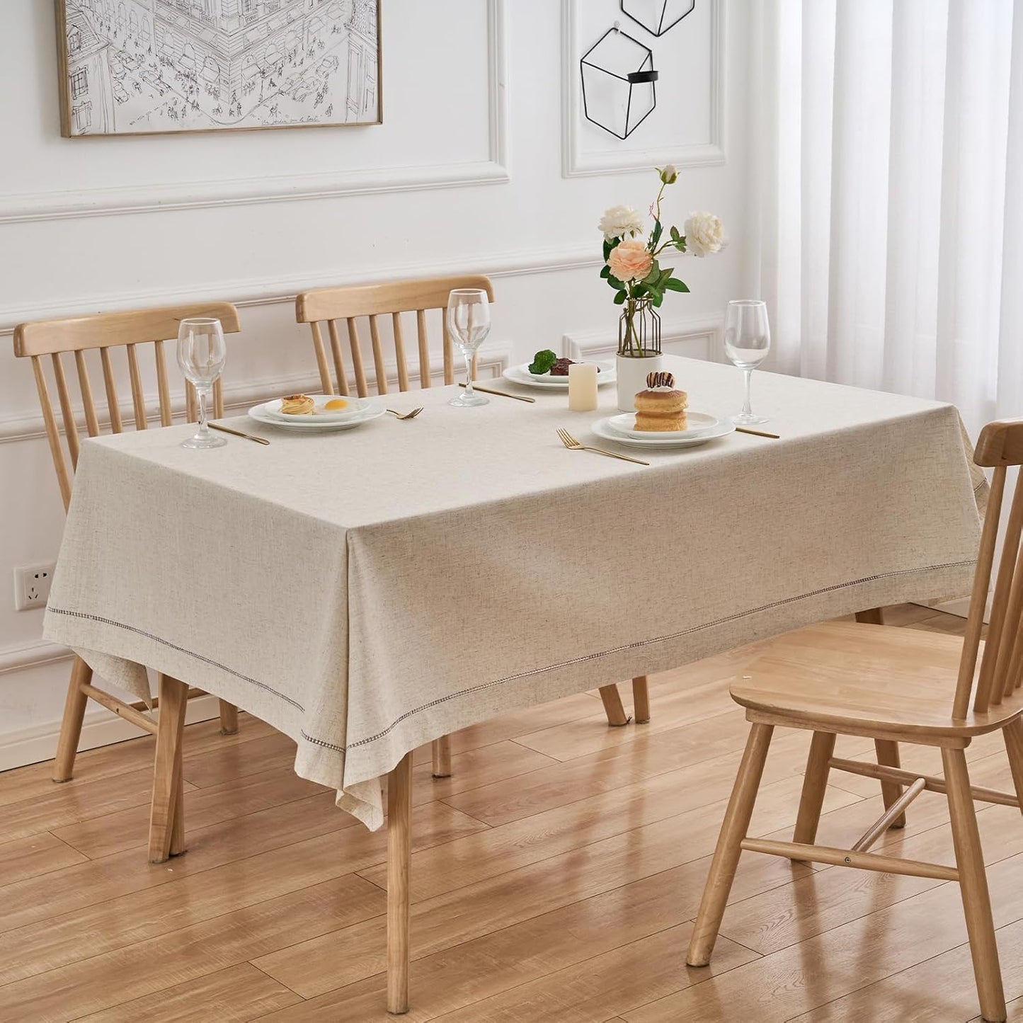 Zdolmy Natural Flax Linen Tablecloth – Undyed Rectangle Hemstitch Table Cover for Kitchen, Dining & Decoration (Blue Drawn Silk Thread, 55" x 120")