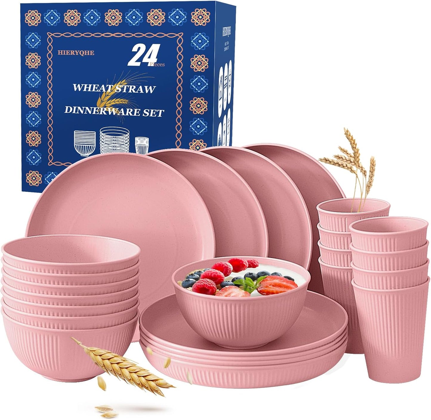 24pcs Wheat Straw Dinnerware Sets For 8, Unbreakable Plates and Bowls Wheat Straw Dinnerware Microwavable Cups Plates and Bowls Sets Shatterproof For Outdoor Kitchen Camping