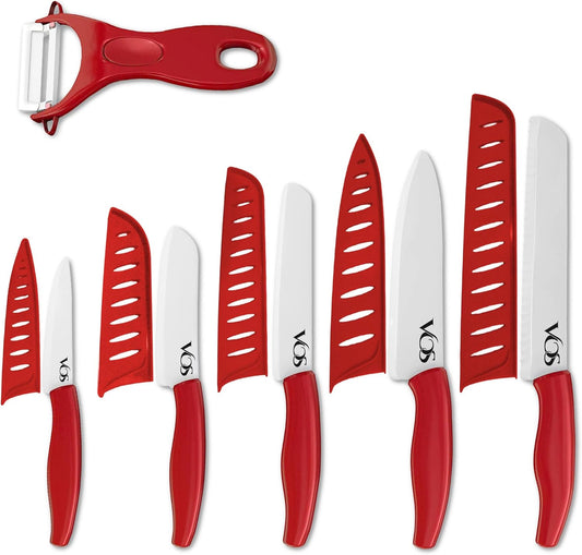 Vos Ceramic Knife Set - Ceramic Kitchen Knives With Peeler, Paring Knives 4", 5", 6", 7", 8" Inch Red
