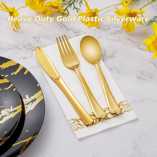 Goodluck 150PCS Gold Plastic Silverware, Gold Utensils Disposable, Plastic Cutlery Set of 50 Forks, 50 Spoons, 50 Knives for Wedding, Party, Birthday, Holidays