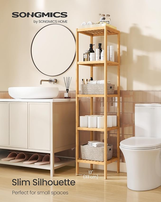 SONGMICS Bamboo Storage Shelf, 5-Tier Shelving Unit, Multifunctional, in the Entryway, Bathroom, Living Room, Balcony, Kitchen, 13 x 13 x 57.5 Inches, Light Bamboo UBCB55Y