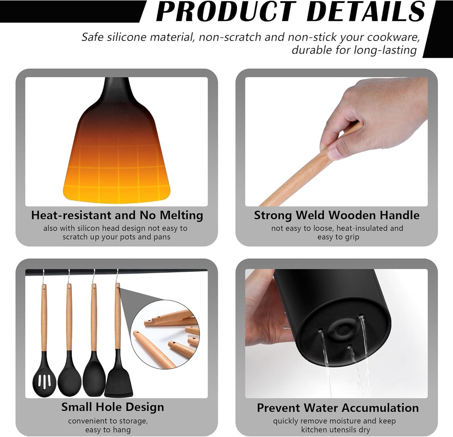 HaWare Kitchen Cooking Utensils Set, 23-Piece Silicone Kitchen Utensils Spatula Set with Holder, Heat Resistant Wooden Handle Kitchen Gadget for Nonstick Cookware, Food-grade Turner Spoon Sets (Black)