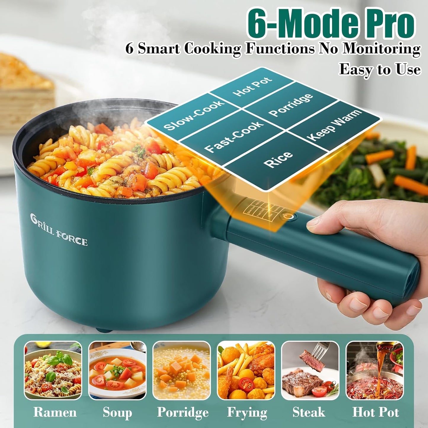 Hot Pot Electric,6 Smart Modes, 1.8L Rapid Noodles Cooker, Portable Cooking Pot, Non-Stick Sauté Pan, Electric Pot for Steak, Pasta, Egg, Soup, BPA Free, Suit Dorm Room and Apartment