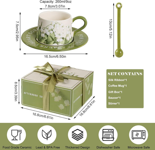 9oz Vintage Floral Pattern Coffee Mug Set, Friendship Gifts Birthday Gifts for Women, Thickened Ceramic Cup for Cappuccino, Latte, Cocoa, Dishwasher Safe and Microwave Safe Tea Cup and Saucer