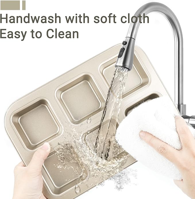 Beasea Brownie Pan, 1 Pack 6 Cavity Gold Nonstick Square Mini Brownie Muffin Cake Pan Cheesecake Cupcake Bakeware Carbon Steel Brownie Baking Tray 2x3 Individual Cutter Bakeware for Oven Baking