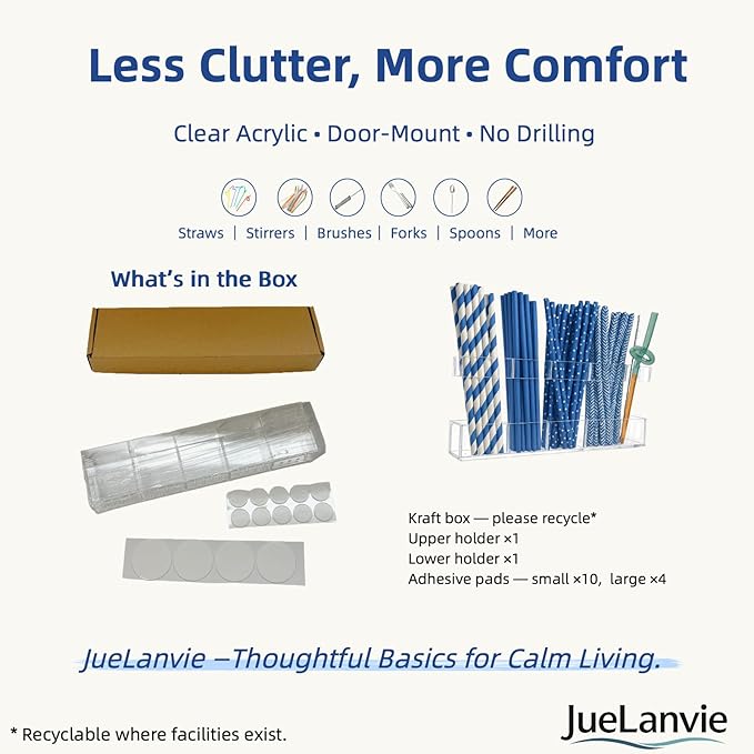 Upgraded 9.5” Acrylic Straw Holder for Cabinet Door – Adjustable Two-Part Organizer, Clear Kitchen Storage with Strong Adhesive, Space-Saving, No Drilling, Renter-Friendly