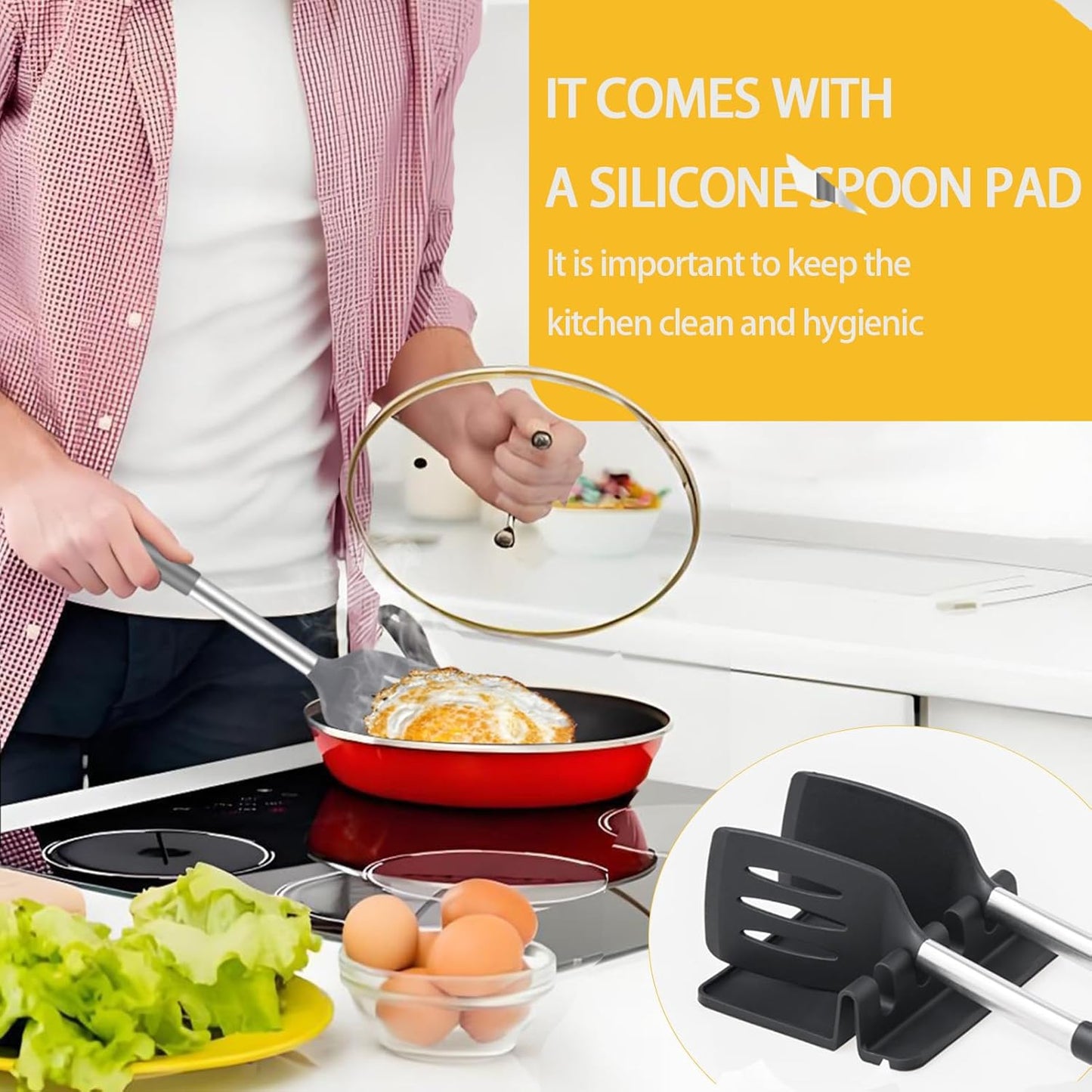 3Piece Silicone Spatula Set, Heat-Resistant, Non-Stick Kitchen Spatulas, BPA-Free, for Eggs, Pancakes, Fish, Woks, Includes Multifunctional shelf spoon pad (gray)