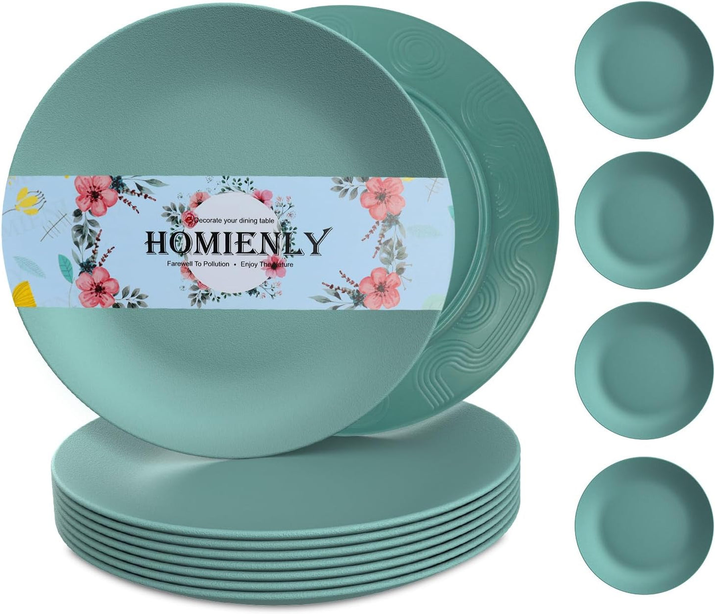 Homienly Flat Dinner Plates Set of 8 Alternative for Plastic Plates Microwave and Dishwasher Safe Wheat Straw Plates for Kitchen Unbreakable Kids Plates(Green, 10 inch), MS 01
