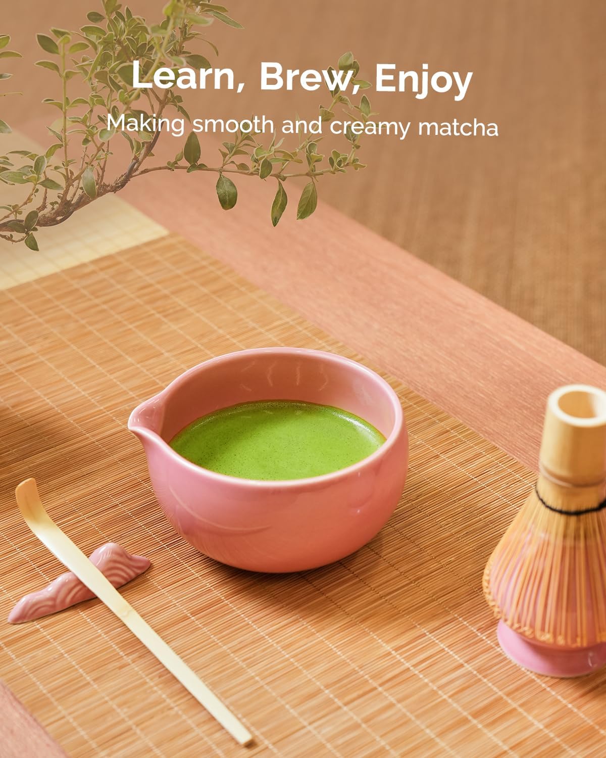 Maestri House 7 Pcs Matcha Whisk Set, Ceramic Tea Kit with Spouted Bowl, Whisk & Holder, Bamboo Scoop, Scoop Rest, Sifter & Cloth – Complete Japanese Tea Gift Set for Beginners & Tea Lovers (Pink)