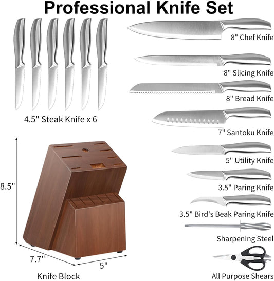 MDHAND 16 Pieces Knife Set with Block, Professional Stainless Steel Chef Knife Set, Ultra Sharp Knife Set with Block and Sharpener, Dishwasher Safe, Lightweight and Strong, Home Essential Gifts