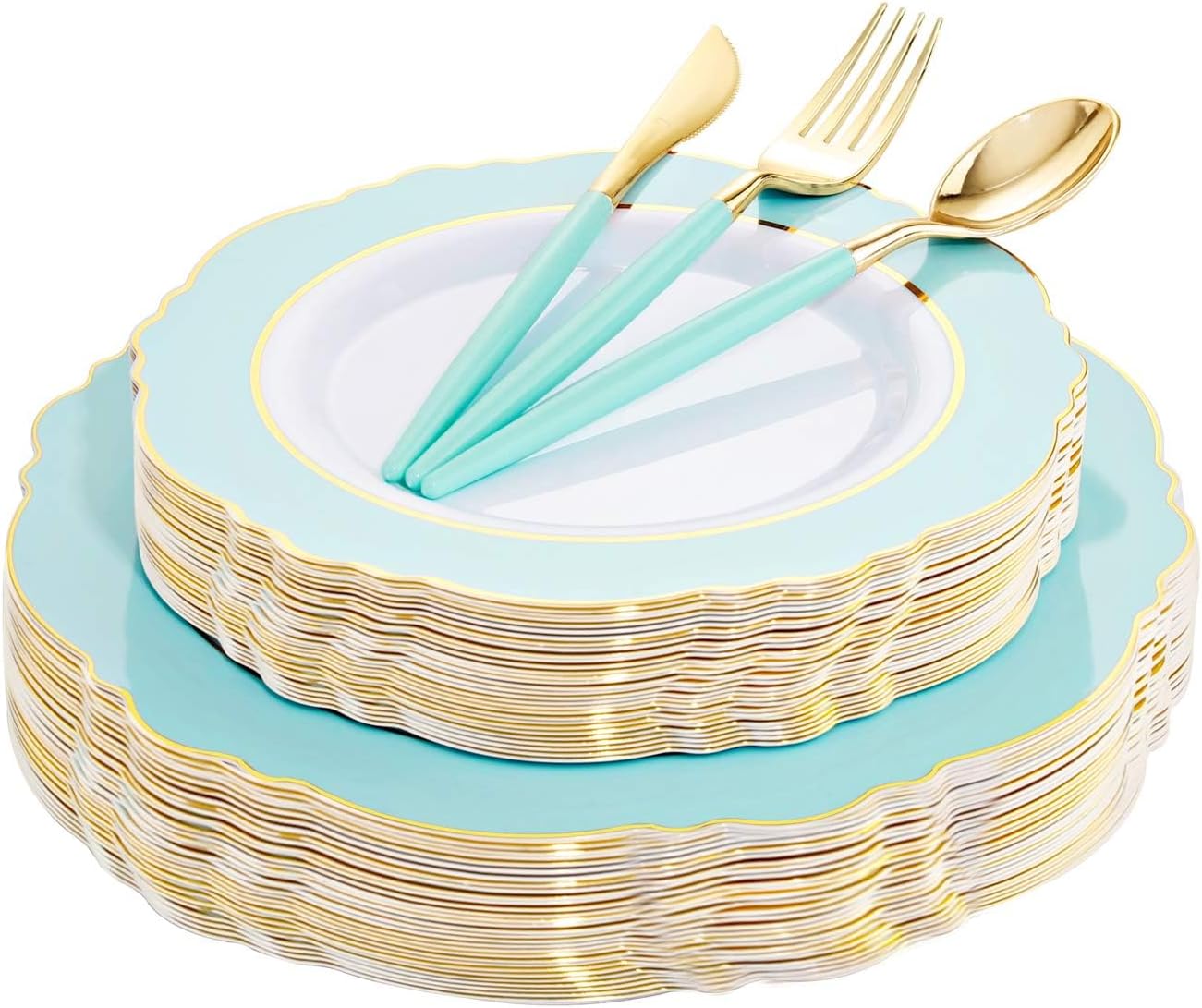 WDF 30Guest Mint Green Plastic Plates & Disposable Gold Silverware With Green Handle-Baroque Green &Gold Plastic Dinnerware for Upscale Party/Picnic/Birthday