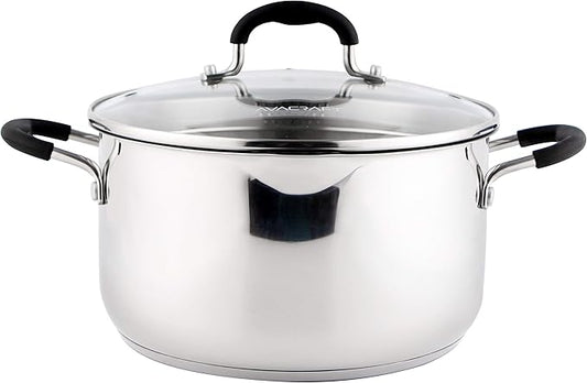 AVACRAFT Stainless Steel Stockpot with Glass Strainer Lid, 6 Quart Stock Pot, Soup & Saucepan Cookware, Side Spouts, Multipurpose, Induction Pan, (5-Ply Capsule Bottom, 6QT)