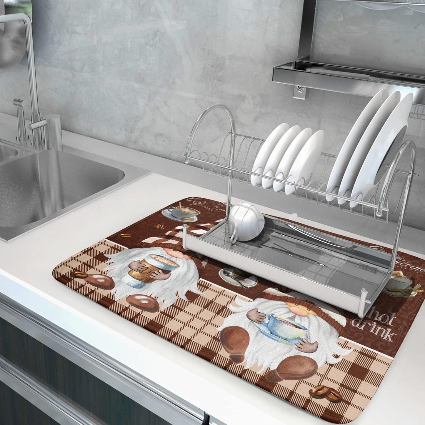 Coffee Gnomes Dish Drying Mat 18x24 Inch, Coffee Maker Mats for Tabletop, Buffalo Plaid Brown Mocha Absorbent Washable Spillproof Espresso Machine Pad Cafe Bar Kitchen Counter Protector