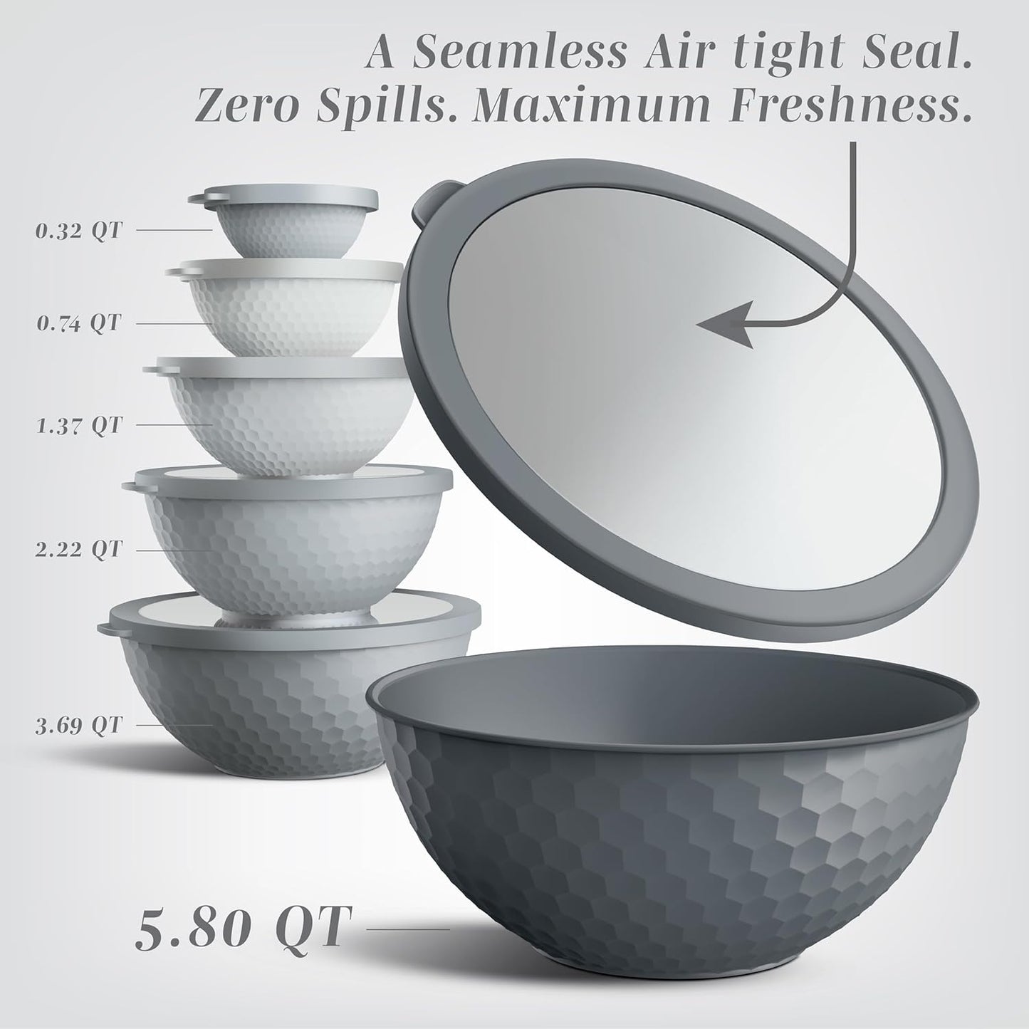 COOK WITH COLOR Mixing Bowls with Lids - 12 Piece Plastic Nesting Bowls Set includes 6 Prep Bowls and 6 Lids, Non Slip Bottom and Embossed Design - Microwave Safe (Grey)