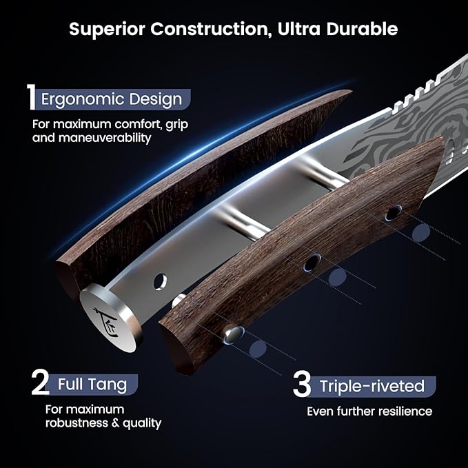 Japanese Kitchen Knife, 8.2 Inch Chef Knife, Carbon Steel Kiritsuke, Razor Sharp Santoku for Precision Cutting, Damascus Pattern, Full Tang Wood Handle,Thanksgiving Christmas Cooking Gifts