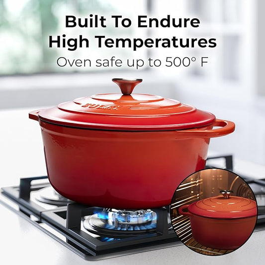 Zulay Kitchen 6 Quart Enameled Cast Iron Dutch Oven Pot with Lid – Premium Durability & Oven Safe up to 500°F – Heavy Duty Cookware Perfect for Bread Baking, Stews, Braising & Roasting – Orange