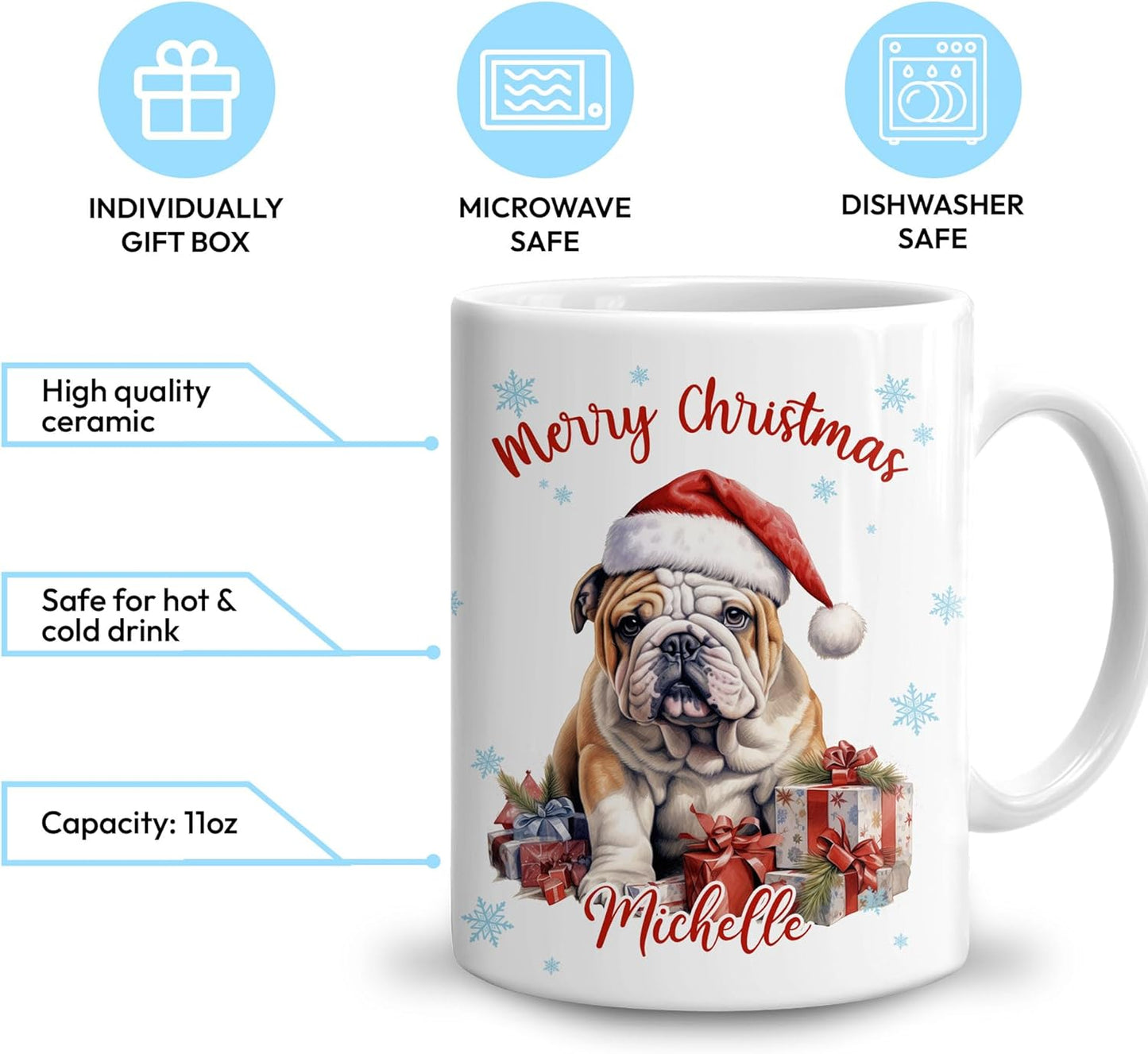 Hyturtle Personalized Gifts Dog Lover - Bulldog Merry Christmas Custom Name Ceramic Coffee Mug Cup 11oz - Cute Animal Lovers Gifts For Women, Girl kids Family On Birthday, Christmas