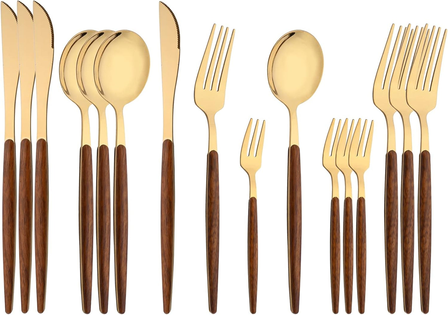 16-Piece Silverware Set with Cake Fork, Gold Stainless Steel Flatware Cutlery Set, Eating Utensils Set with Wooden effect Handle, Include Knife Fork Spoon, Mirror Polished, Dishwasher Safe