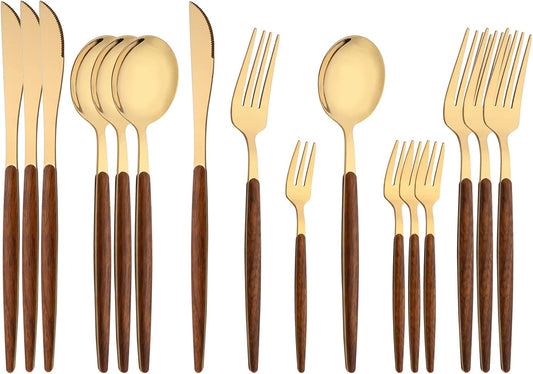 16-Piece Silverware Set with Cake Fork, Gold Stainless Steel Flatware Cutlery Set, Eating Utensils Set with Wooden effect Handle, Include Knife Fork Spoon, Mirror Polished, Dishwasher Safe
