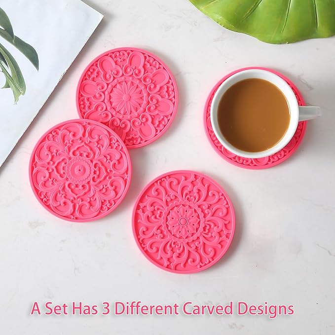 Colinda Silicone Coasters - Set of 6 with Holder, Non-Slip Cup Mats for Hot and Cold Drinks, Decorative Designs, Gift Ready Packaging,Fuschia