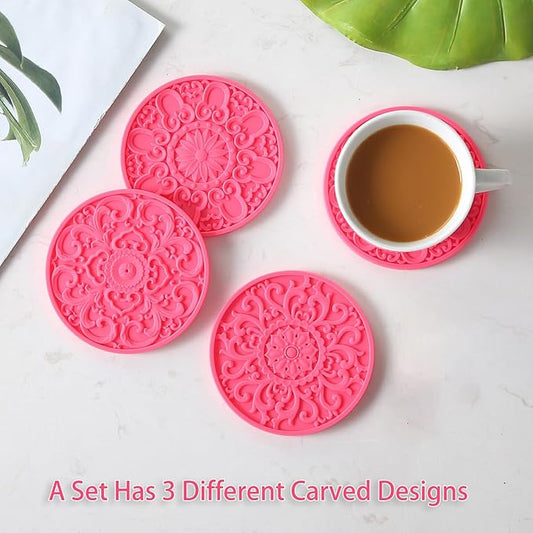 Colinda Silicone Coasters - Set of 6 with Holder, Non-Slip Cup Mats for Hot and Cold Drinks, Decorative Designs, Gift Ready Packaging,Fuschia