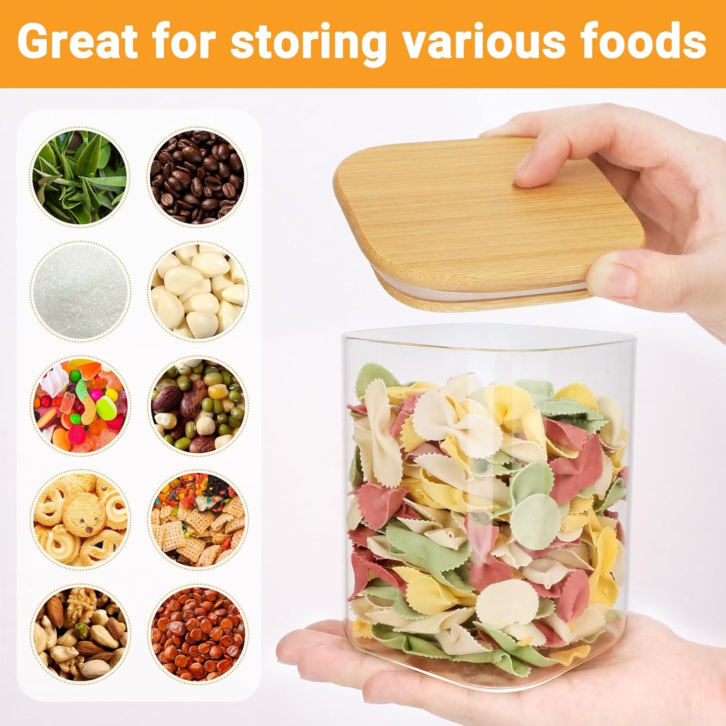 Square Glass Jars with Bamboo Lids, 2 Pack 29 Fl.oz Glass Canister with Lids, Clear Flour Sugar Storage Containers Food Jars for Tea, Coffee Bean, Cereal - Set Includes Labels, Marker and Spoon