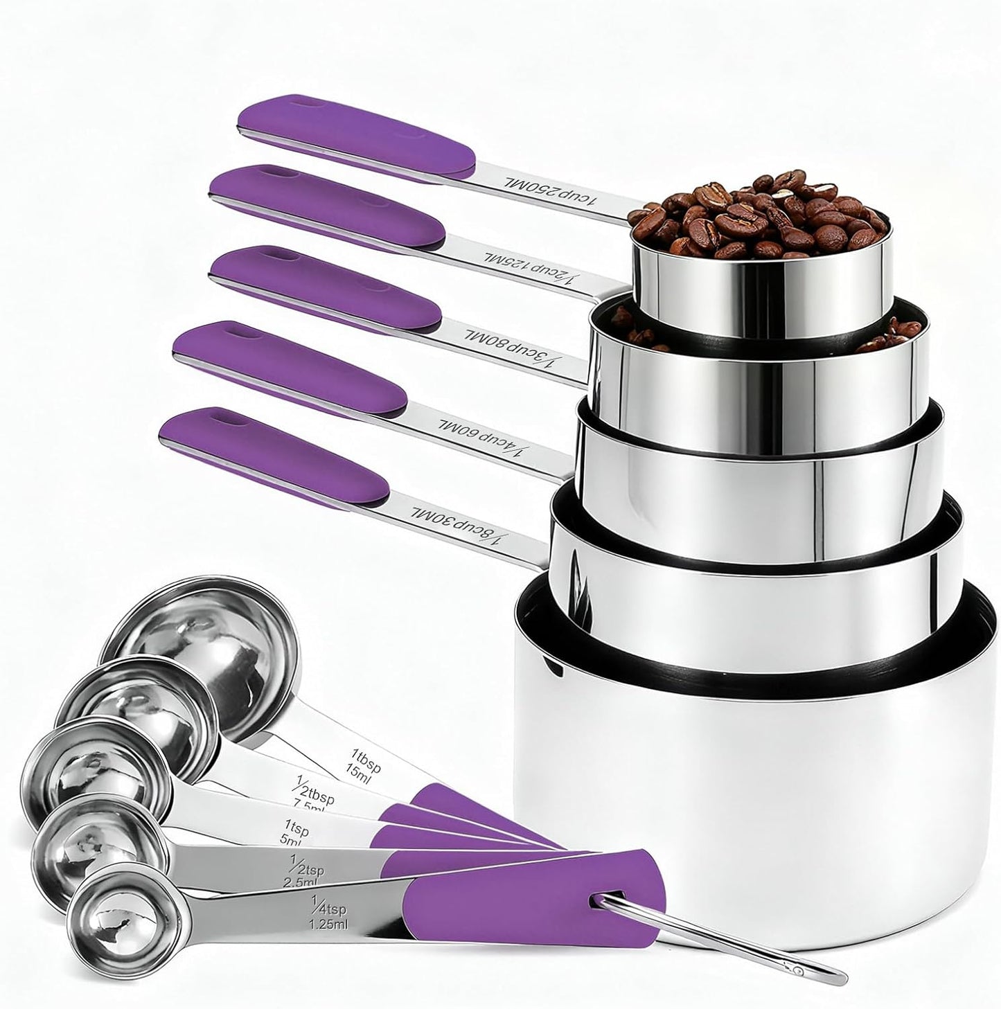 Measuring Cups and Spoons Set, Stainless Steel 10 Piece for Cooking and Baking (5 Cups + 5 Spoons, Purple Handle)