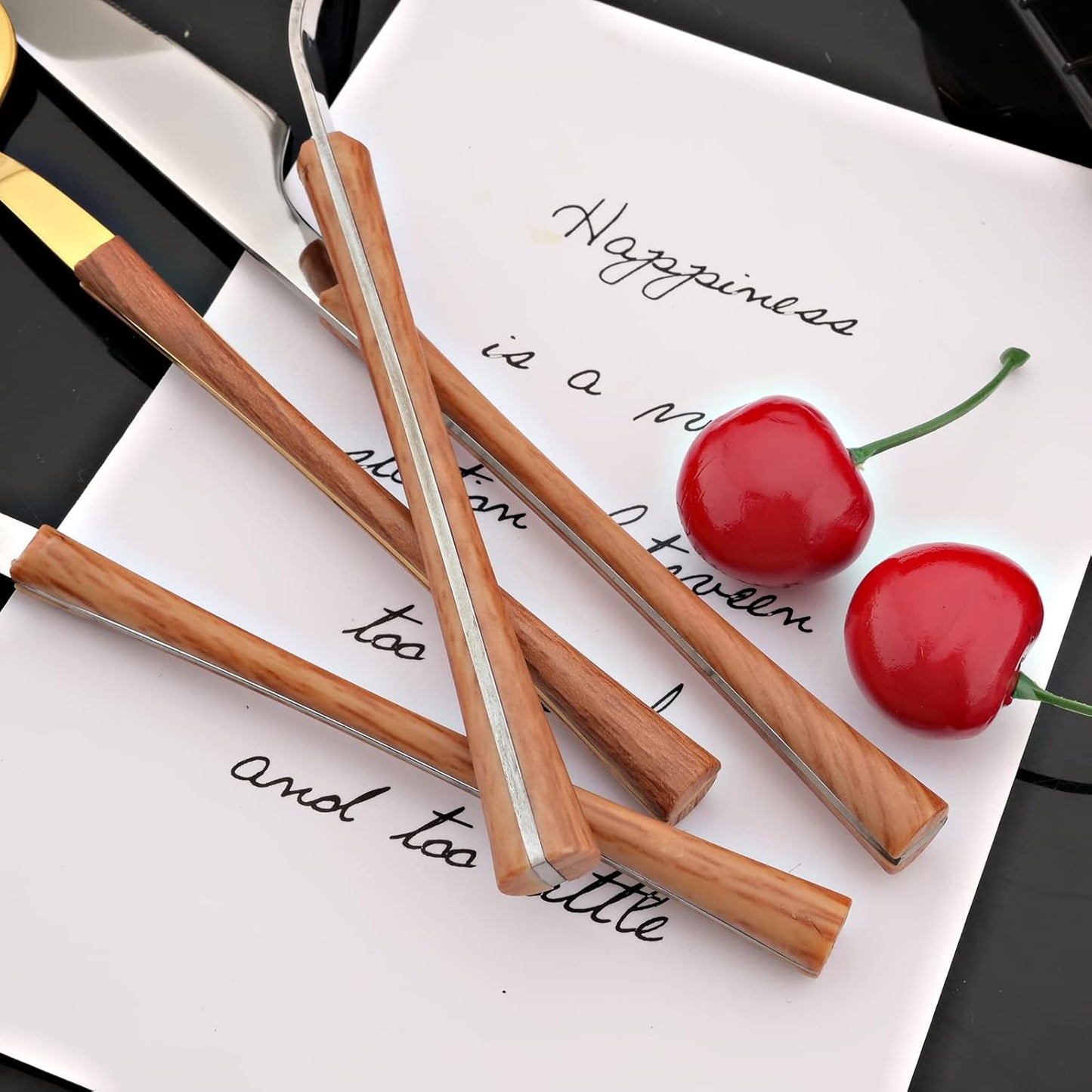 JASHII Wood Handle Flatware Set, 20 Pieces Stainless Steel Silverware Cutlery Set, Mirror Polished, Knife Fork Spoon Set, Dishwasher Safe - Small Waist Gold