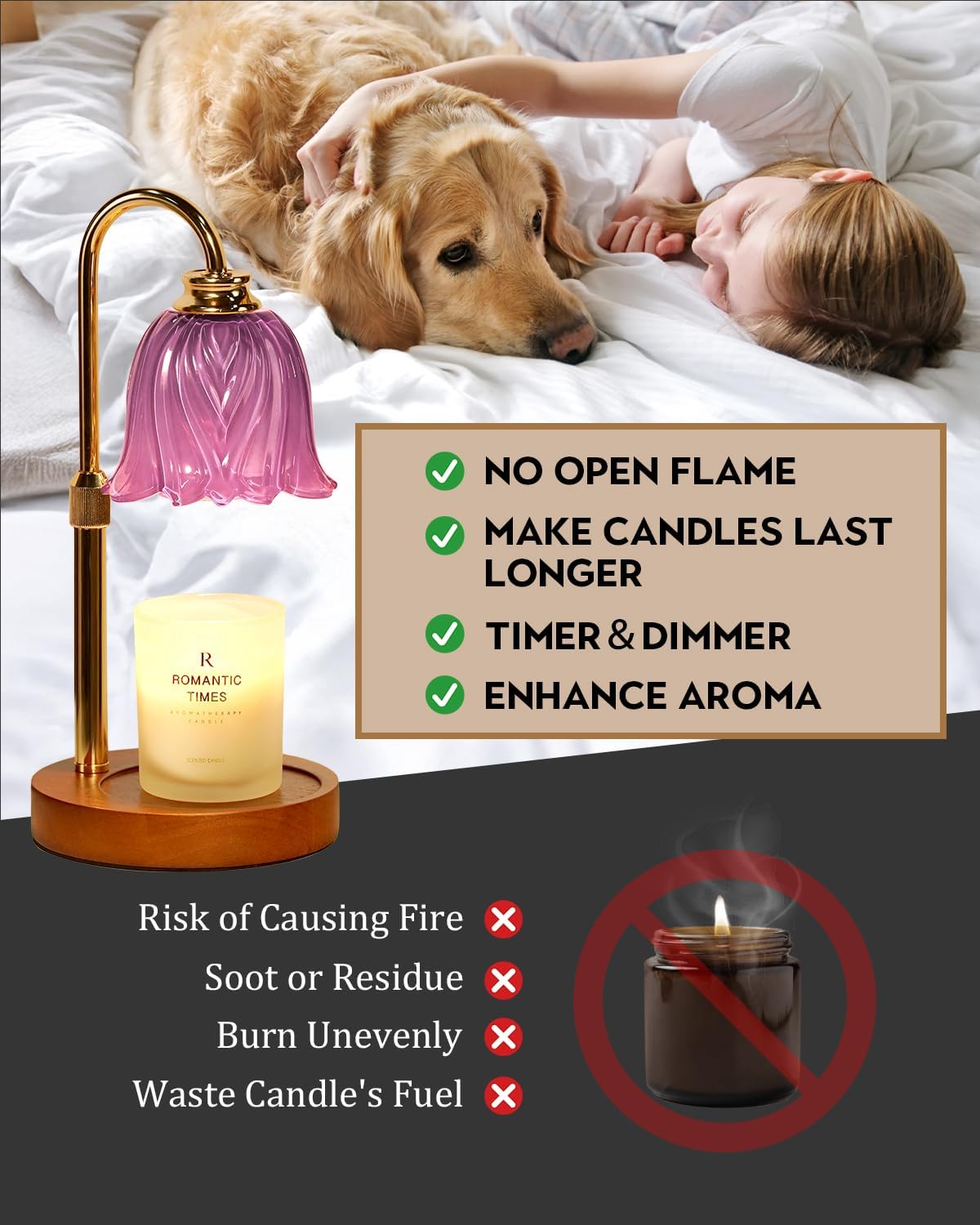 Candle Warmer Lamp, Gold Candle Lamp Warmer with Timer & Dimmer with 2 Bulbs, Christmas Gifts for Women Mom, House Warming Gifts New Home Bedroom Decor, Height Adjustable