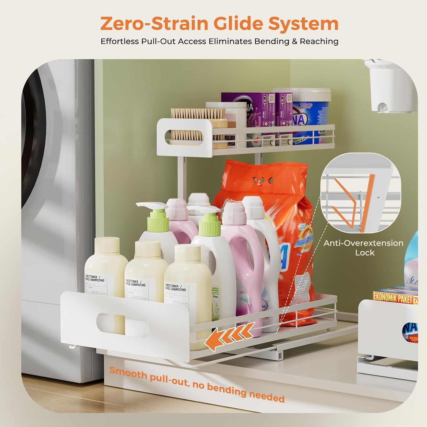 Delamu 2 Pack Metal Bathroom Organizers and Storage, 2 Tier Pull Out Under Sink Organizer with 2 Small Baskets, Adjustable Under Sink Shelf for Multipurpose Cabinet Organizer, White