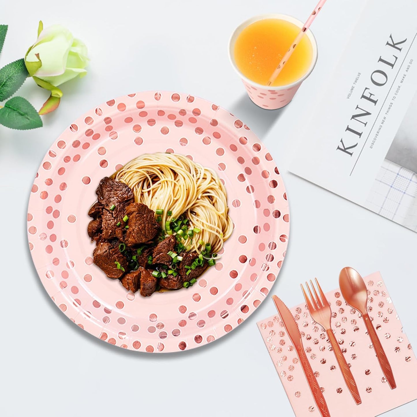 Paper Plates and Napkins Set, 193 Pieces Pink and Rose Gold Party Supplies Includes Paper Plates Cups Napkins Straws and Cutlery for Birthday Wedding Holidays Parties Decorations-24 Guests