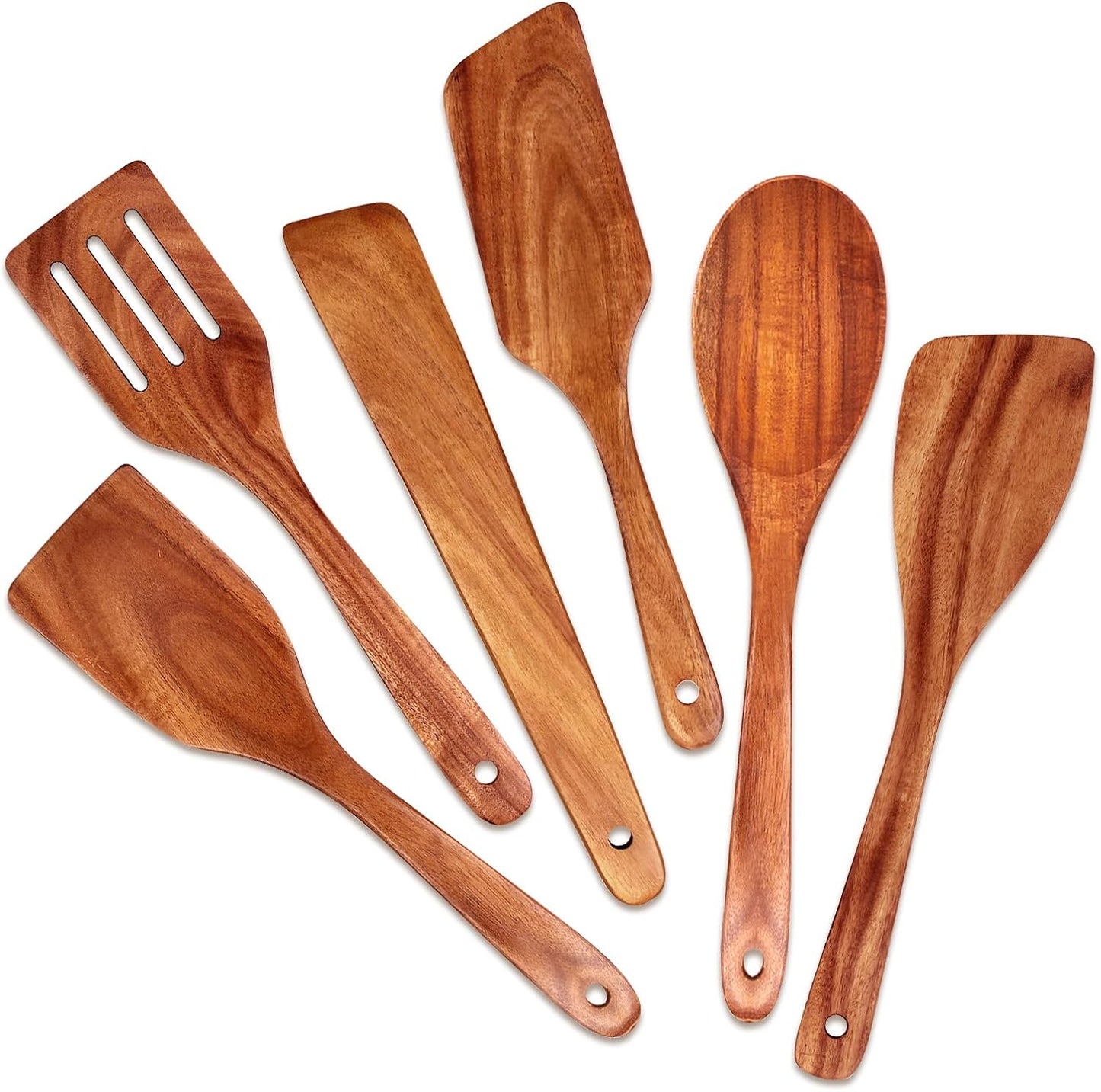 6 Pack Teak Wooden Spoons for Cooking Utensil Set Best Wood Non Toxic Spatula Slotted Turner Nonstick Bamboo Kitchen Utensils Serving Scraper Spurtle Stirrer Cooking Spoon Flat Egg Flipper Spatulas