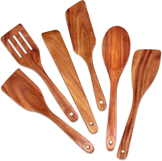 6 Pack Teak Wooden Spoons for Cooking Utensil Set Best Wood Non Toxic Spatula Slotted Turner Nonstick Bamboo Kitchen Utensils Serving Scraper Spurtle Stirrer Cooking Spoon Flat Egg Flipper Spatulas