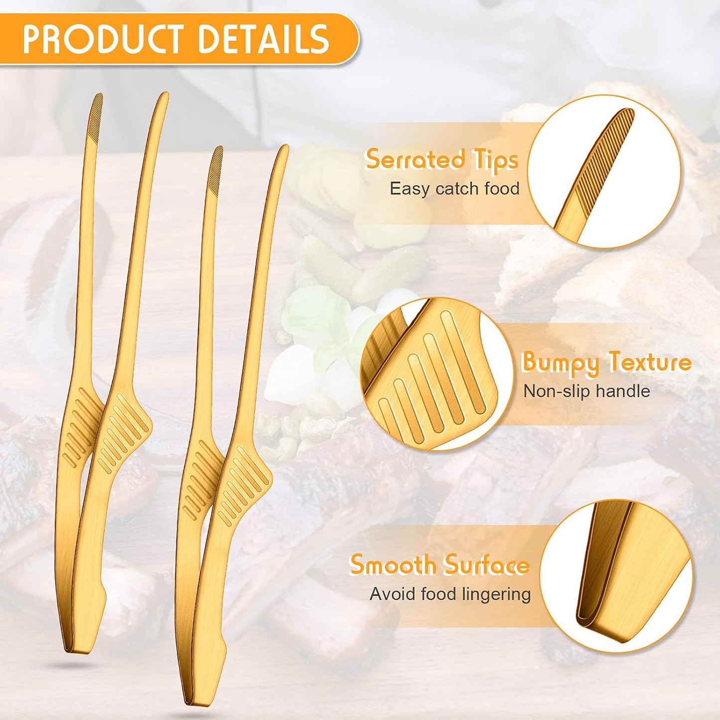 Patelai Korean and Japanese BBQ Tongs Non Slip Cooking Utensils Stainless Steel Tongs for Serving Food, Salad, Camping, Barbecue, Buffet, Oven with Support Stand(Gold,2 Pieces)