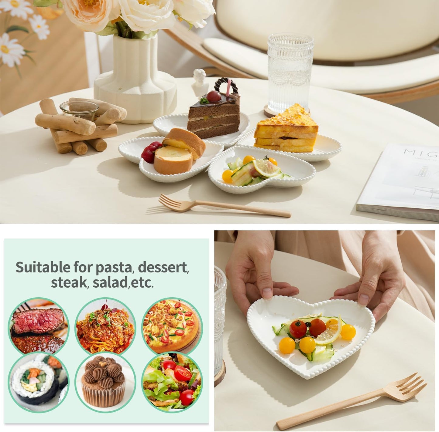 OMAYKEY 6.3 Inch Ceramic Dessert Plates Set of 10, Small Salad Plates, Porcelain Heart Shaped Appetizer Plates, Dinner Plates for Cake, Snack, Ice Cream, Microwave, Oven, Dishwasher Safe, White