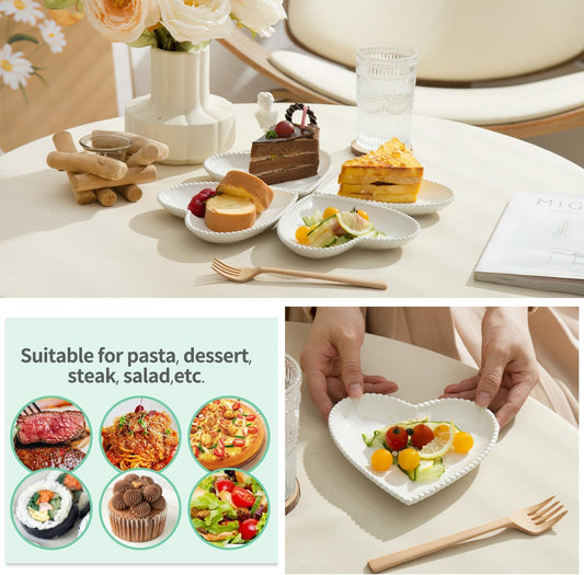 OMAYKEY 6.3 Inch Ceramic Dessert Plates Set of 10, Small Salad Plates, Porcelain Heart Shaped Appetizer Plates, Dinner Plates for Cake, Snack, Ice Cream, Microwave, Oven, Dishwasher Safe, White