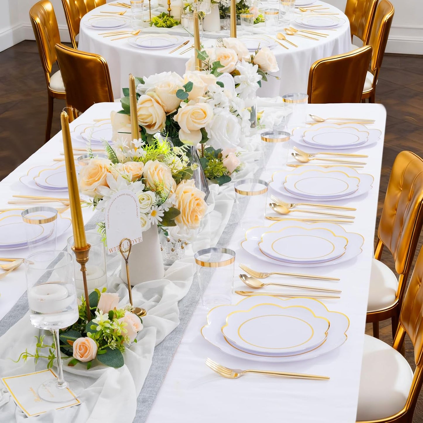 EI 180pcs White Plastic Plates with Gold Plastic Silverware,Heavy-Duty Disposable Plates for Party,White Dinnerware Set for 30 Guest Wedding,Birthday