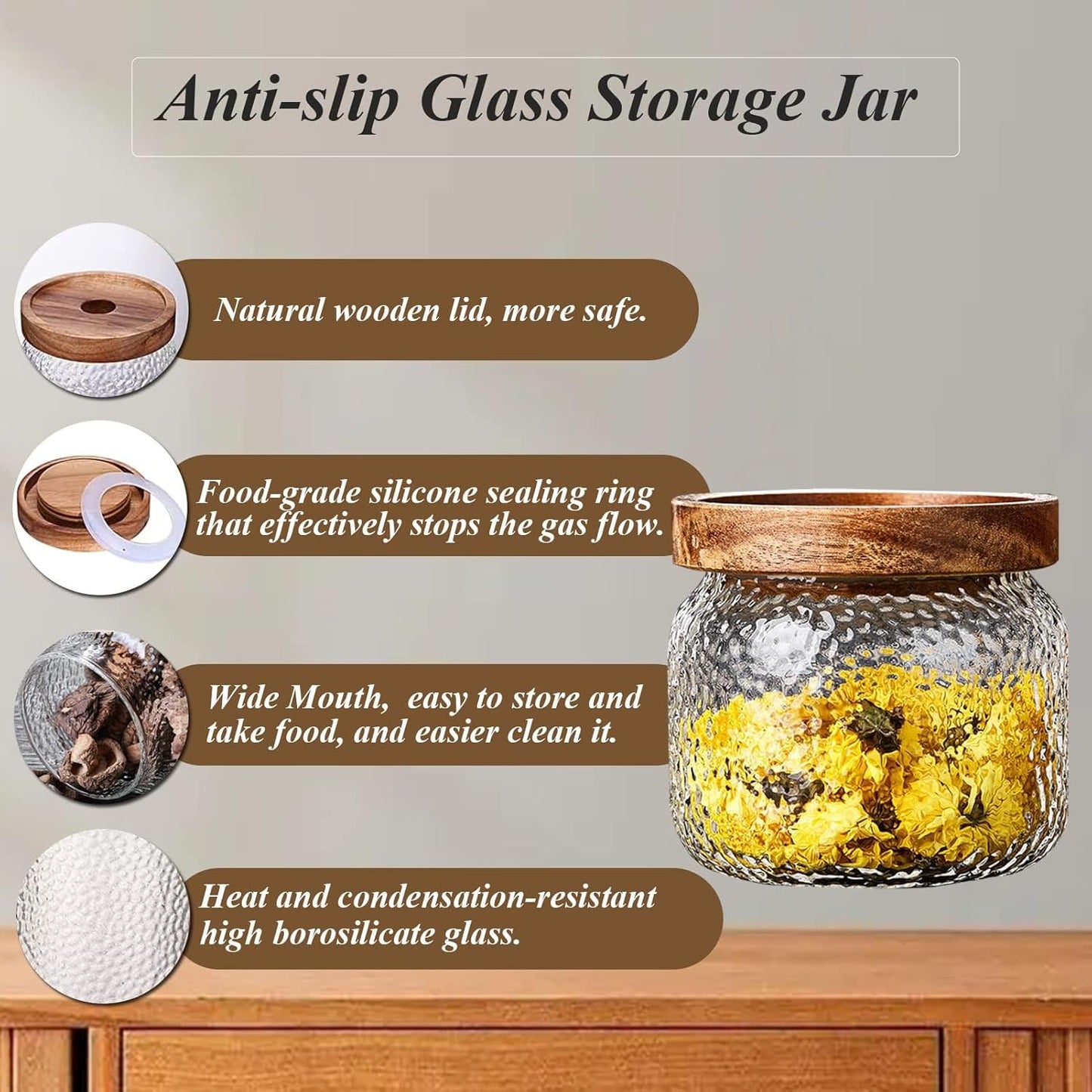 Viovian 10 OZ Glass Jar with Lid Food Vintage Decorative Glass Storage Jars Coffee Nuts Canister Anti-Slip Kitchen Container for Sugar Candy Cookie Spice Tea 300ML