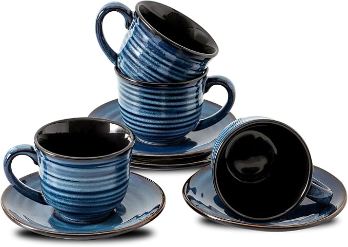 Hasense Ceramic Cappuccino Cups and Saucers Set of 4, 8 oz Tea Coffee Cups Set for Home and Office, Espresso Mugs for Coffee, Cappuccino, Latte, Americano, Milk and Tea - Navy Blue