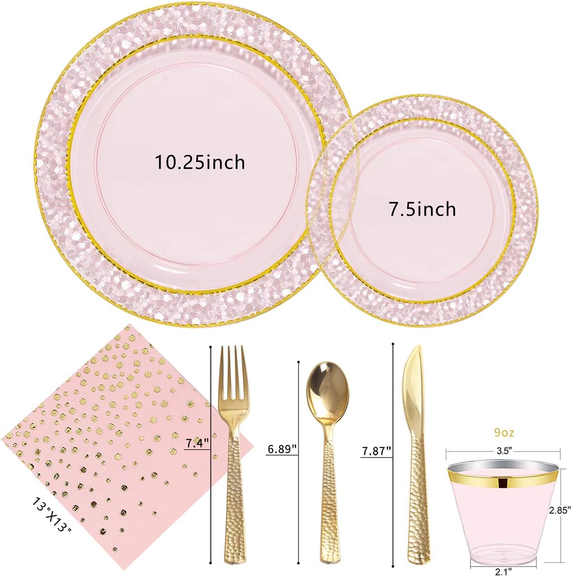Nervure 175PCS Pink and Gold Plastic Plates - Pink Disposable Plates : 25 Dinner Plate,25 Dessert Plate, 25 Forks,25 Knives, 25 Spoons, 25 Cups,25 Napkins for Wedding & Party