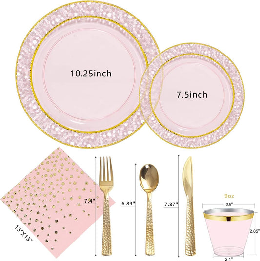 Nervure 175PCS Pink and Gold Plastic Plates - Pink Disposable Plates : 25 Dinner Plate,25 Dessert Plate, 25 Forks,25 Knives, 25 Spoons, 25 Cups,25 Napkins for Wedding & Party