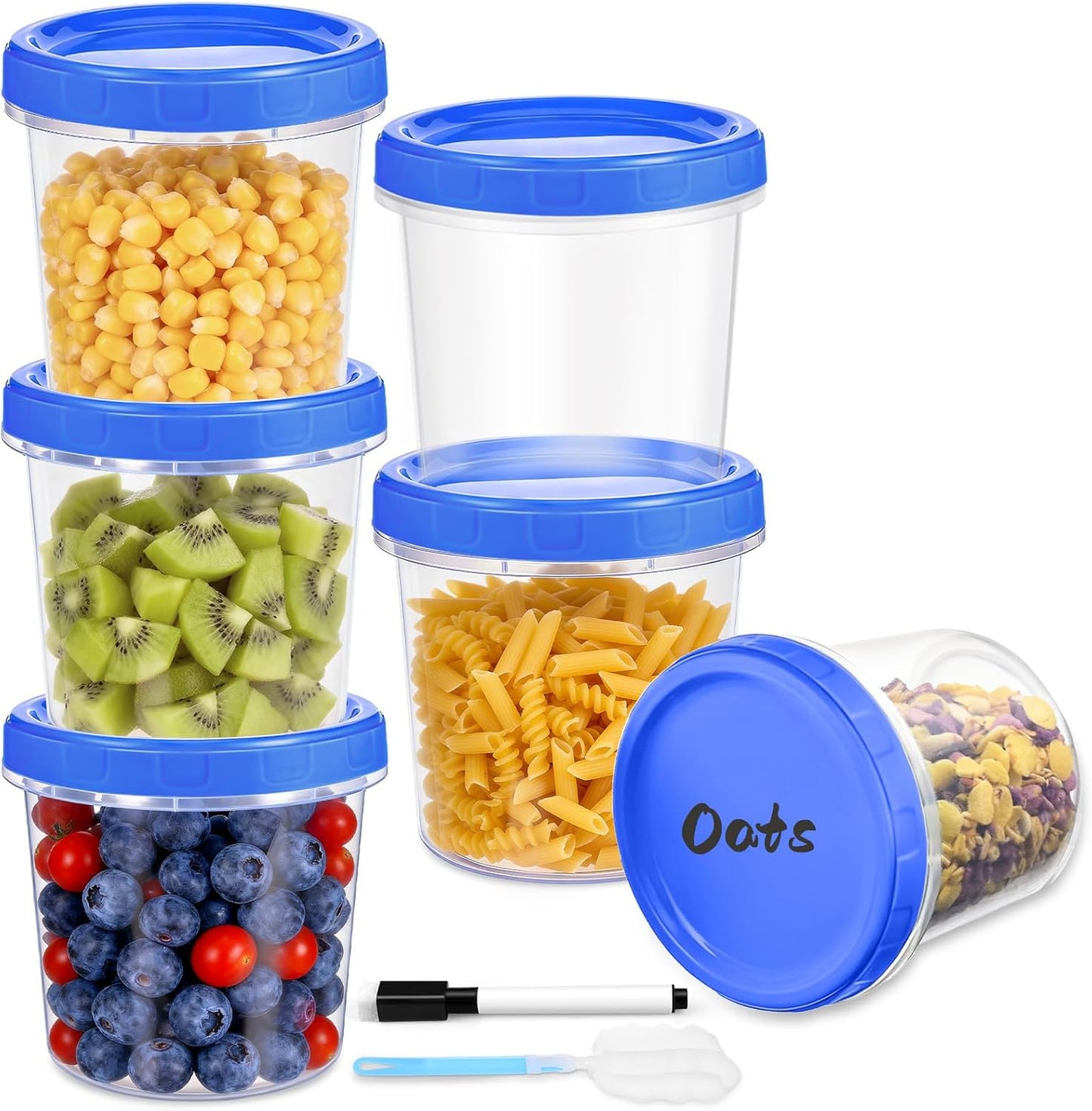 6 Pcs 32 oz Freezer Storage Containers for Soup, Plastic Containers with Screw Top Lids, Reusable Clear Food Storage Containers with Pen and Brush, Microwave & Dishwasher Safe