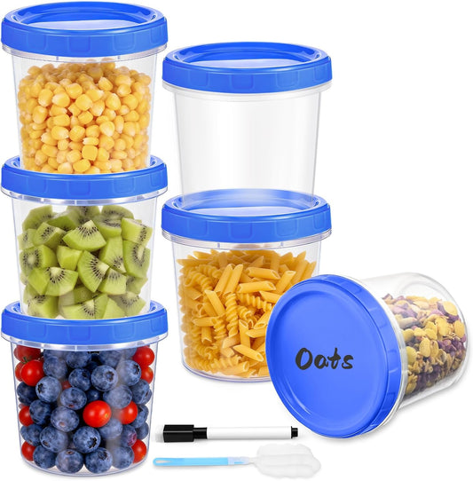 6 Pcs 32 oz Freezer Storage Containers for Soup, Plastic Containers with Screw Top Lids, Reusable Clear Food Storage Containers with Pen and Brush, Microwave & Dishwasher Safe