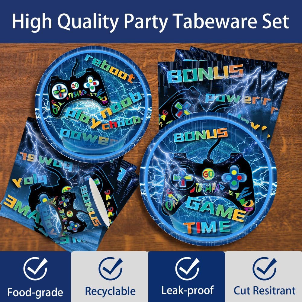142 Pcs Video Game Birthday Decorations Gaming Birthday Party Supplies Disposable Paper Plates Napkins Cups Serve 20